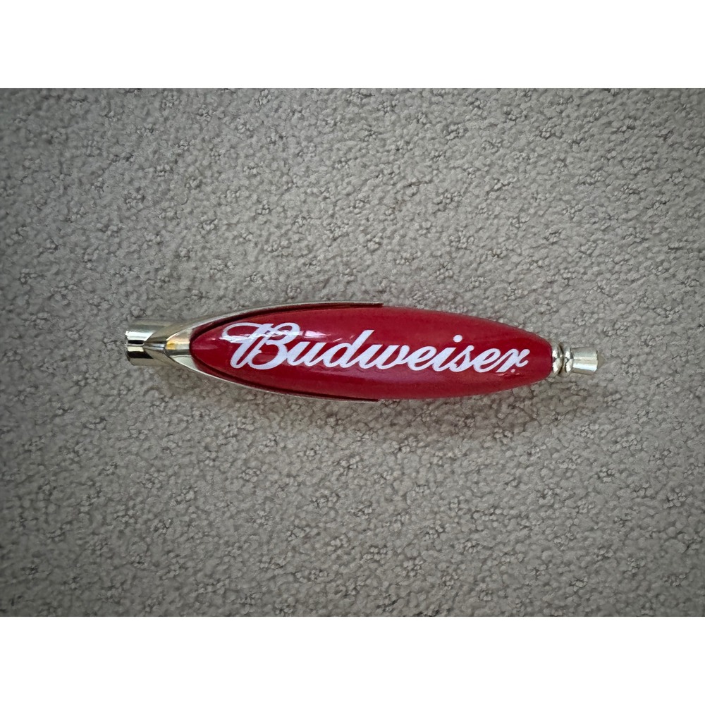 BUDWEISER Beer Vintage Tap Handle Red Shield Script Logo Chrome Trim 7.5 Inch - Picture 2 of 7